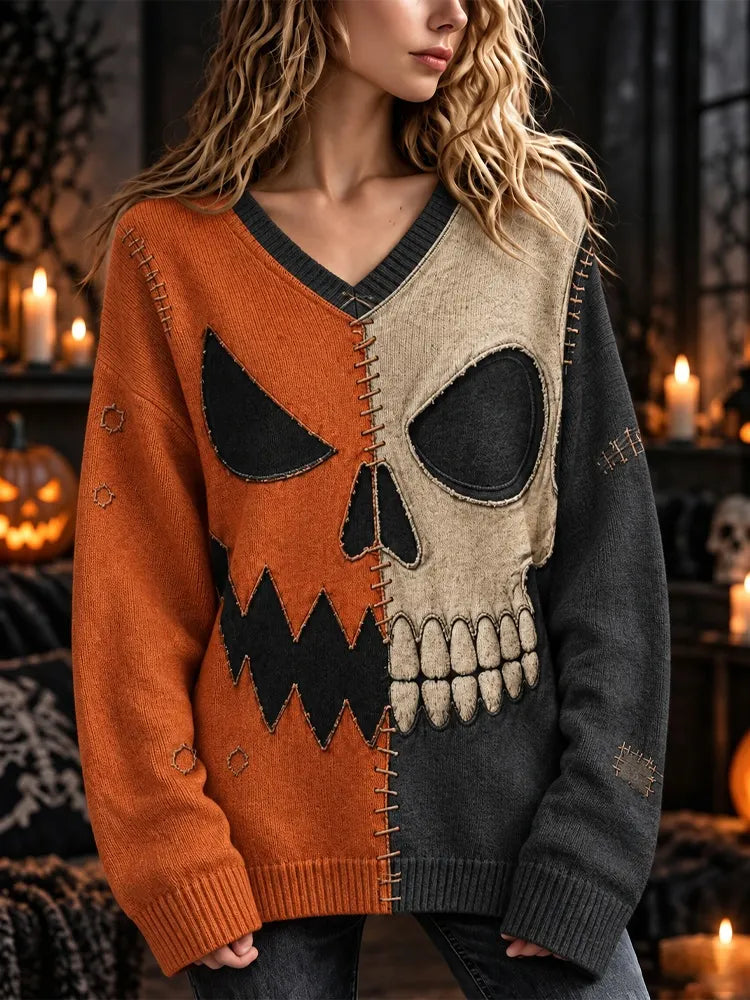 Women's Halloween Color-block Pumpkin Skull Knit V-neck Sweater