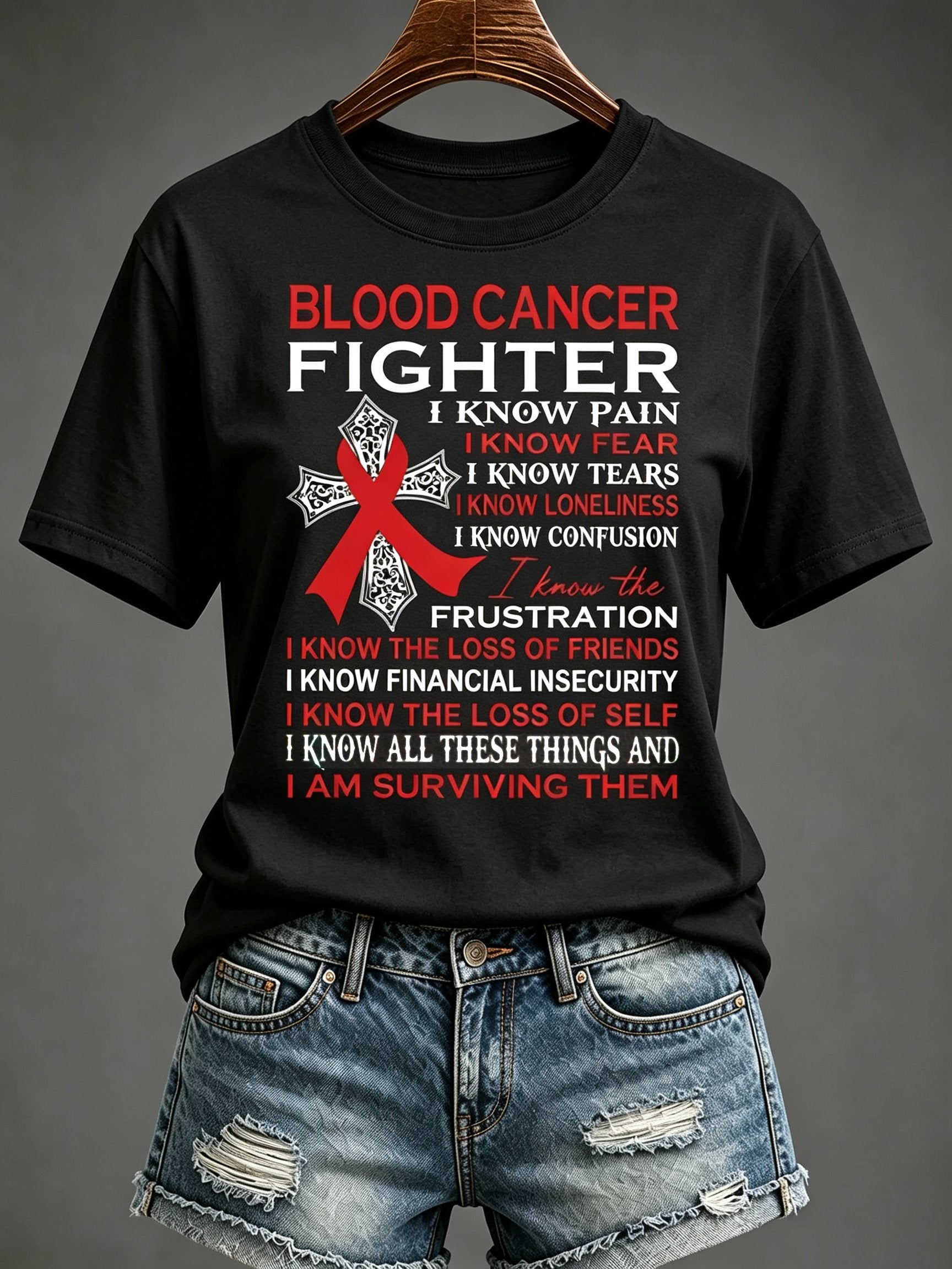 Women'S Blood Cancer Red Ribbon Health Awareness Round Neck T-Shirt