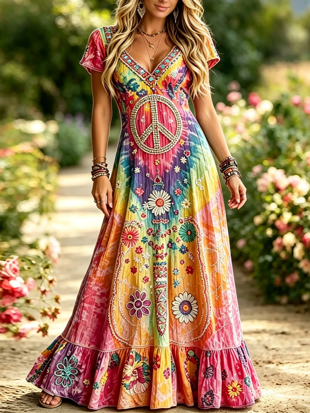 Women's Retro Hippie Peace Floral Embroidery Art Short Sleeve Linen Blend Maxi Dress