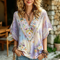 Women's Retro Boho Floral Casual V Neck Cotton Linen T-shirt