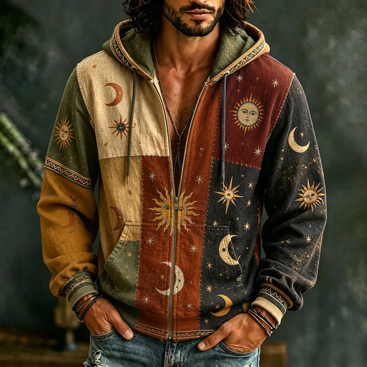 Men's Vintage Sun Moon Star  Patchwork Art Cozy Warm Zipper Hoodie