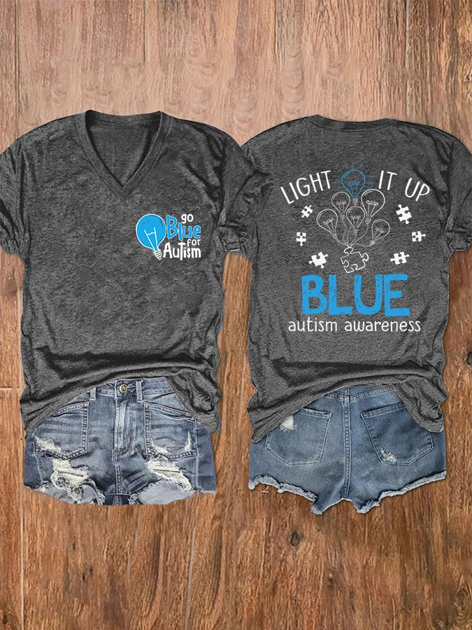 Women's Go Blue For Autism Light It Up Blue Autism Awareness V-Neck T-Shirt