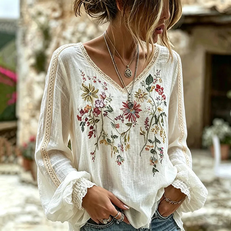 Women's Retro Bohemian Floral Art Flowy Linen Blend Linen Tops