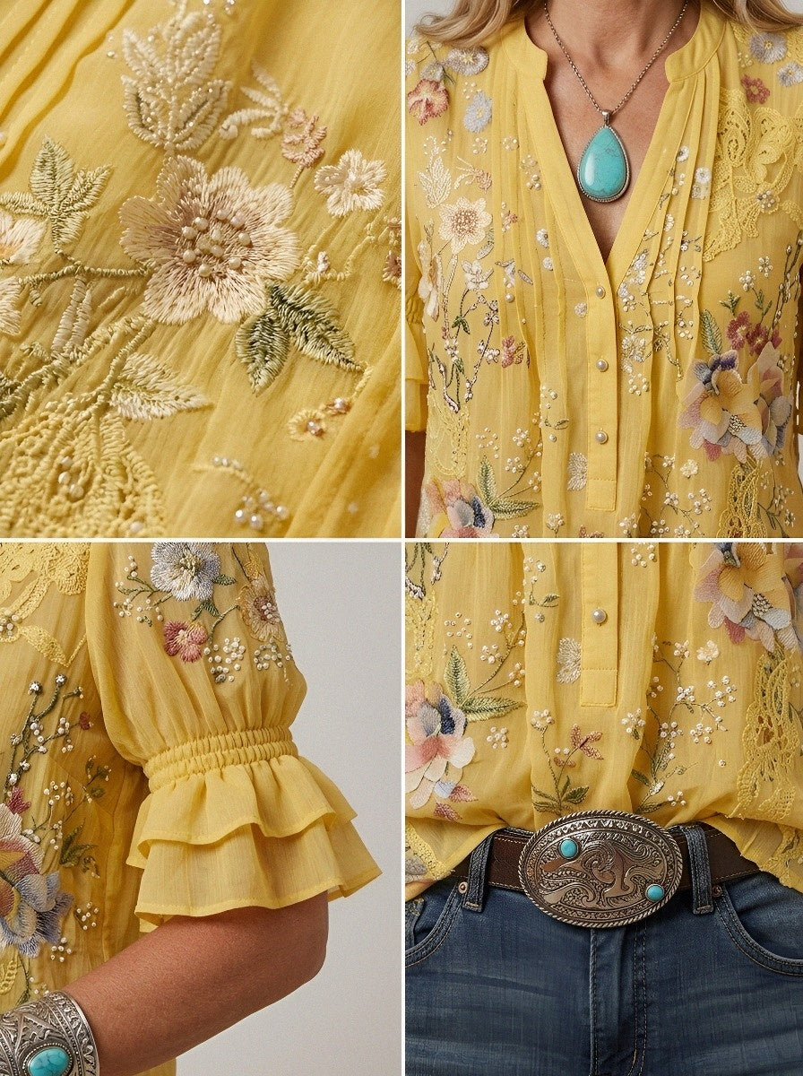 Women's Western Vintage Floral Embroidered Printed Top