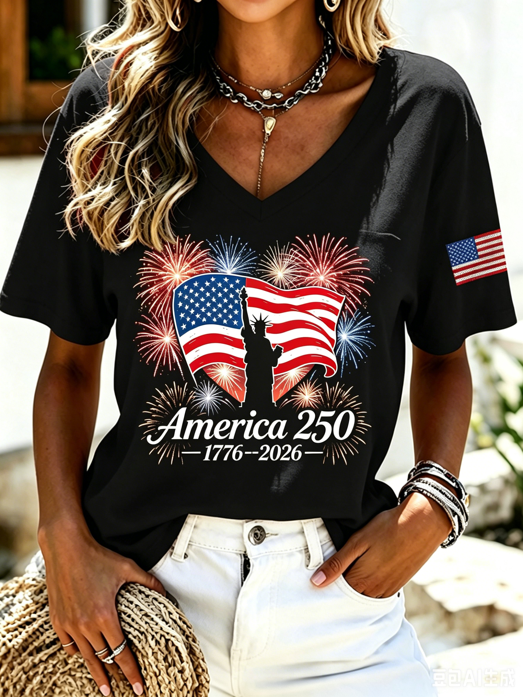Women's Casual American 250 Celebration Printed V-Neck T-Shirt