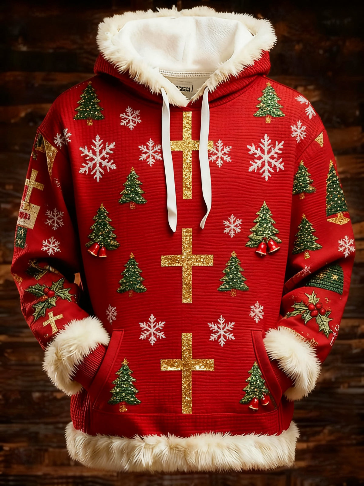 Men's Christmas Tree Faith Cross Print Hooded Sweatshirt