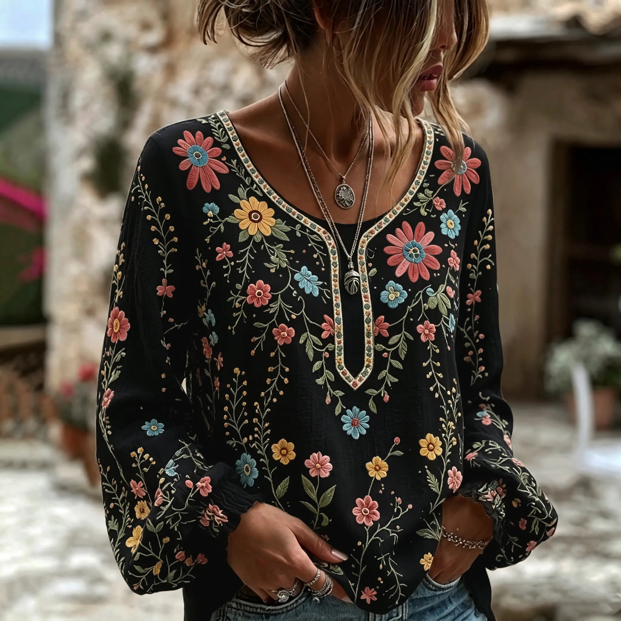 Women's Vintage Floral Art Print Flowy Linen Blend Linen Blend Long Sleeve Casual Tops