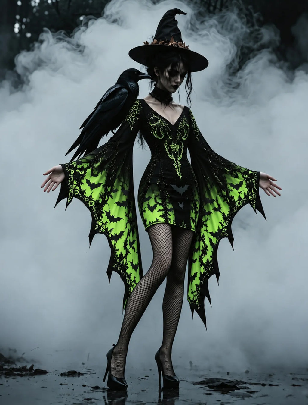 Women's Gothic Bat Print Batwing Flare Sleeve V Neck Bodycon Dress – Halloween Costume