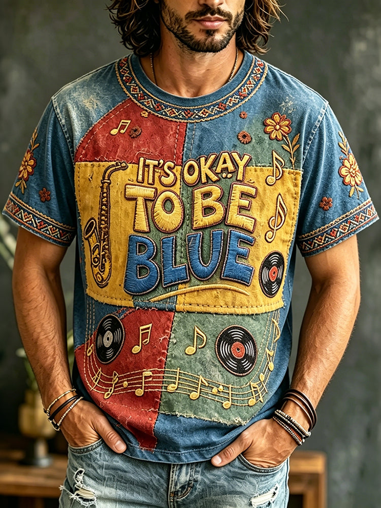 Men's Casual Color Block Music Blue Retro Hippie Crew Neck T-shirt