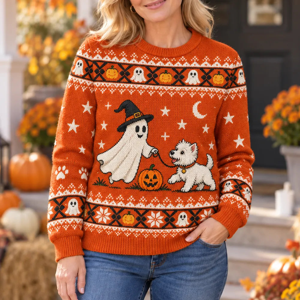 Women's Orange Halloween Ghost And Puppy Knit Sweater