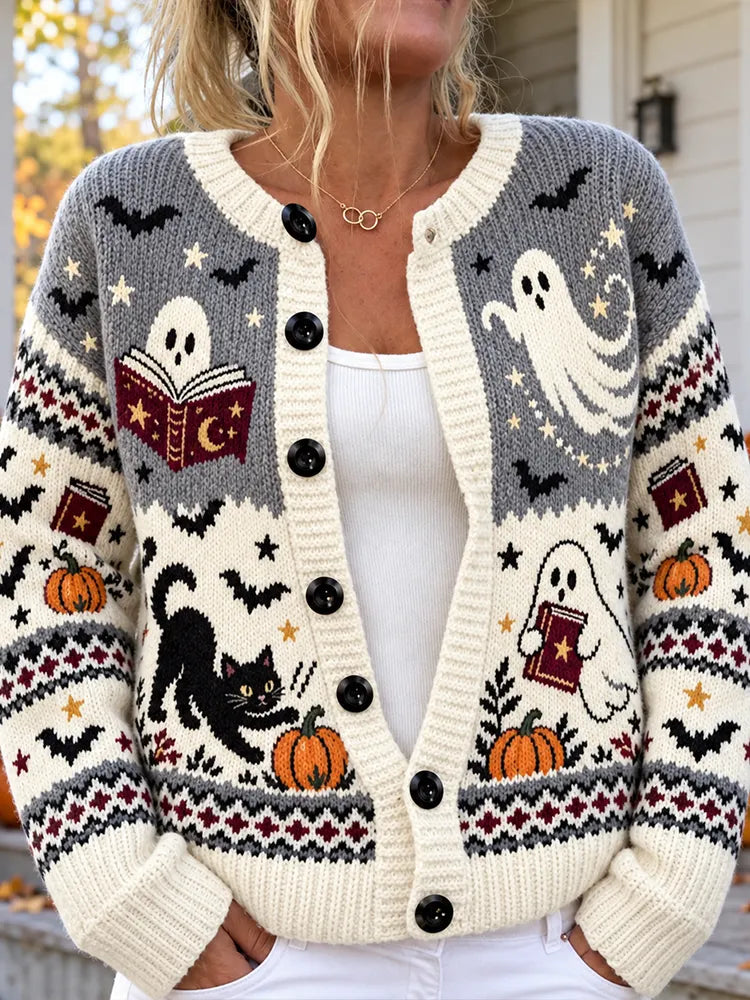 Women's Halloween Ghost, Black Cat And Pumpkins Knit Cardigan