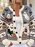 Women's Halloween Ghost, Black Cat And Pumpkins Knit Cardigan