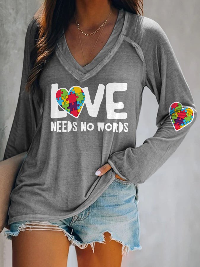 V-neck Retro Autism Awareness Love Needs No Words Print T-Shirt