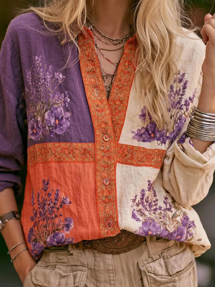 Women's Retro Purple Floral Color-blocked Casual Long-sleeved Shirt