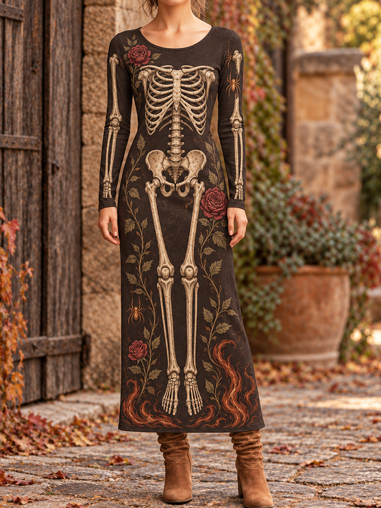 Women's Skeleton, Rose And Spider Web Pattern Long-sleeve Maxi Dress