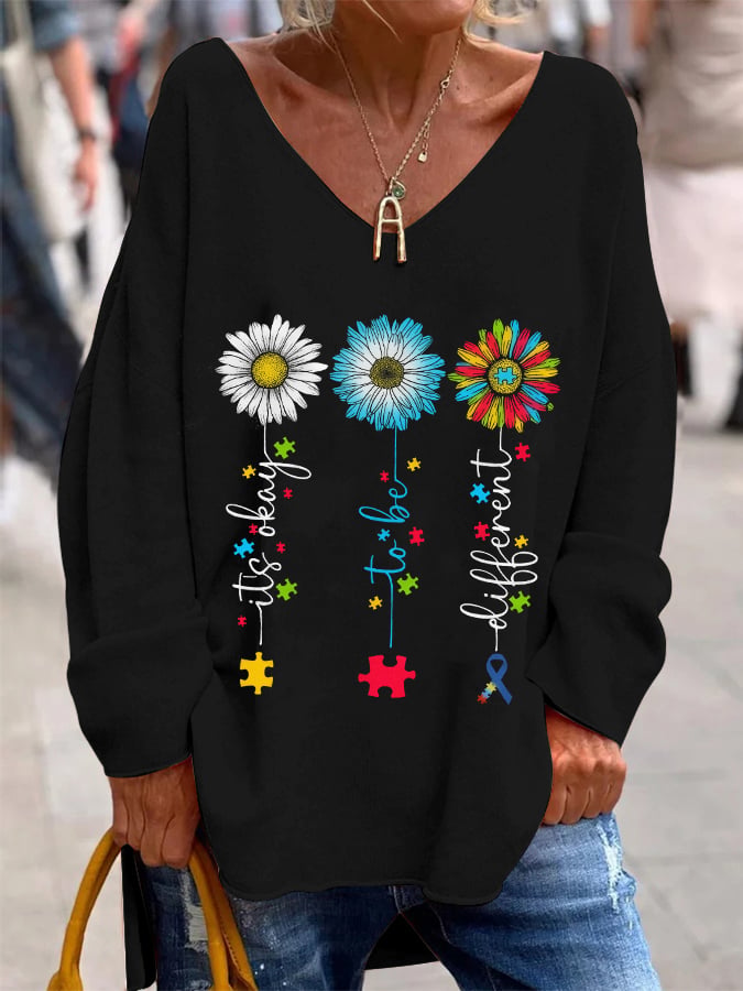 Women's It's Okay To Be Different Autism Awareness Print Casual V-Neck Top