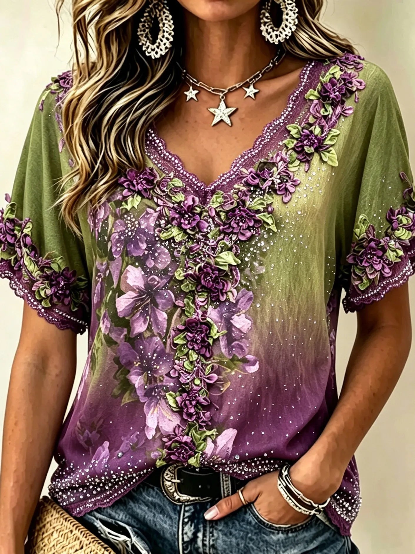Women's Retro Bohemian Floral Embroidery Sequin Print Short-sleeve V-neck Top