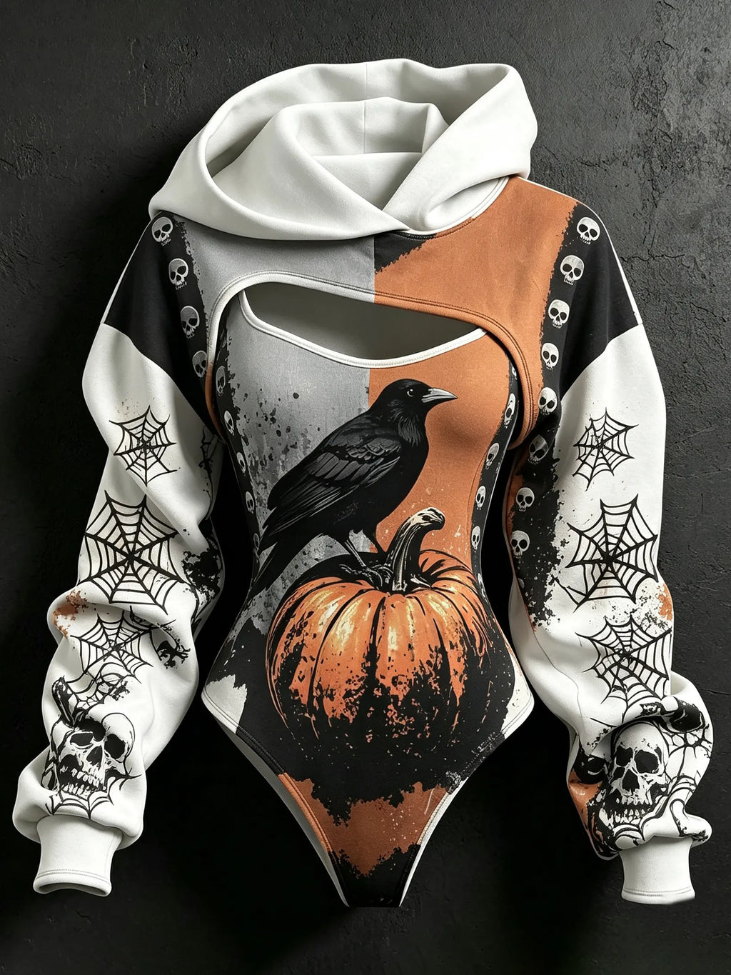 Women's Retro Halloween Color Block Raven Pumpkin Skull Spider Web Print Hoodie Two-piece Set