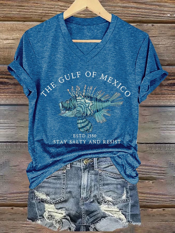 Women's Gulf Of Mexico Printed V Neck T-shirt