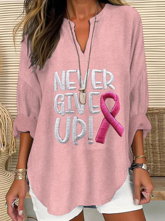 Women's Never Give Up Pink Ribbon Breast Cancer Awareness Print Casual Linen Blouse