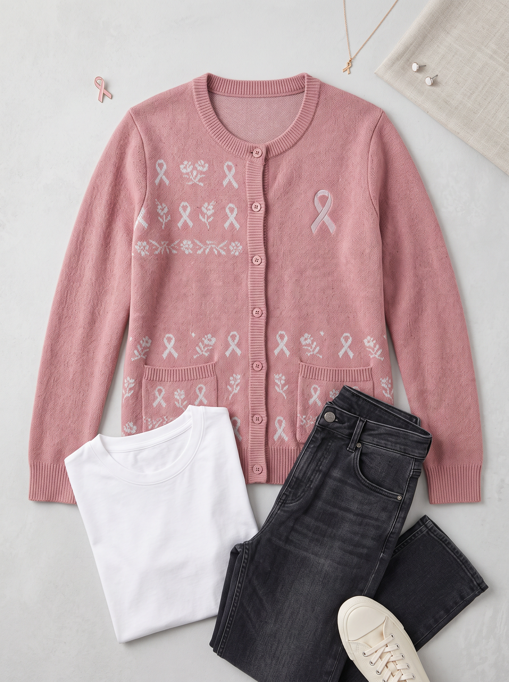 Women's Breast Cancer Awareness Pink Floral Plaid Printed Cardigan
