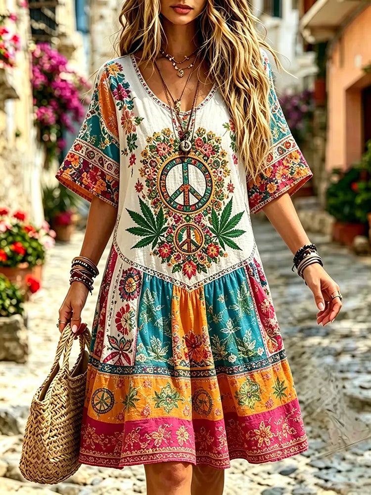 Women's Retro Patchwork Floral Hippie Cotton Linen Dress