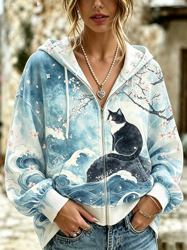 Women's Retro Landscape Floral Black Cat Print Zip-up Hoodie