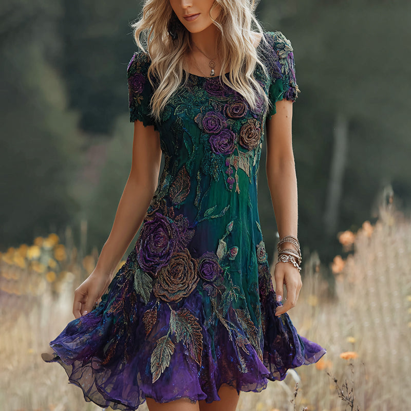 Women's Vintage Floral Gradient Art Comfy Linen Mini Dress