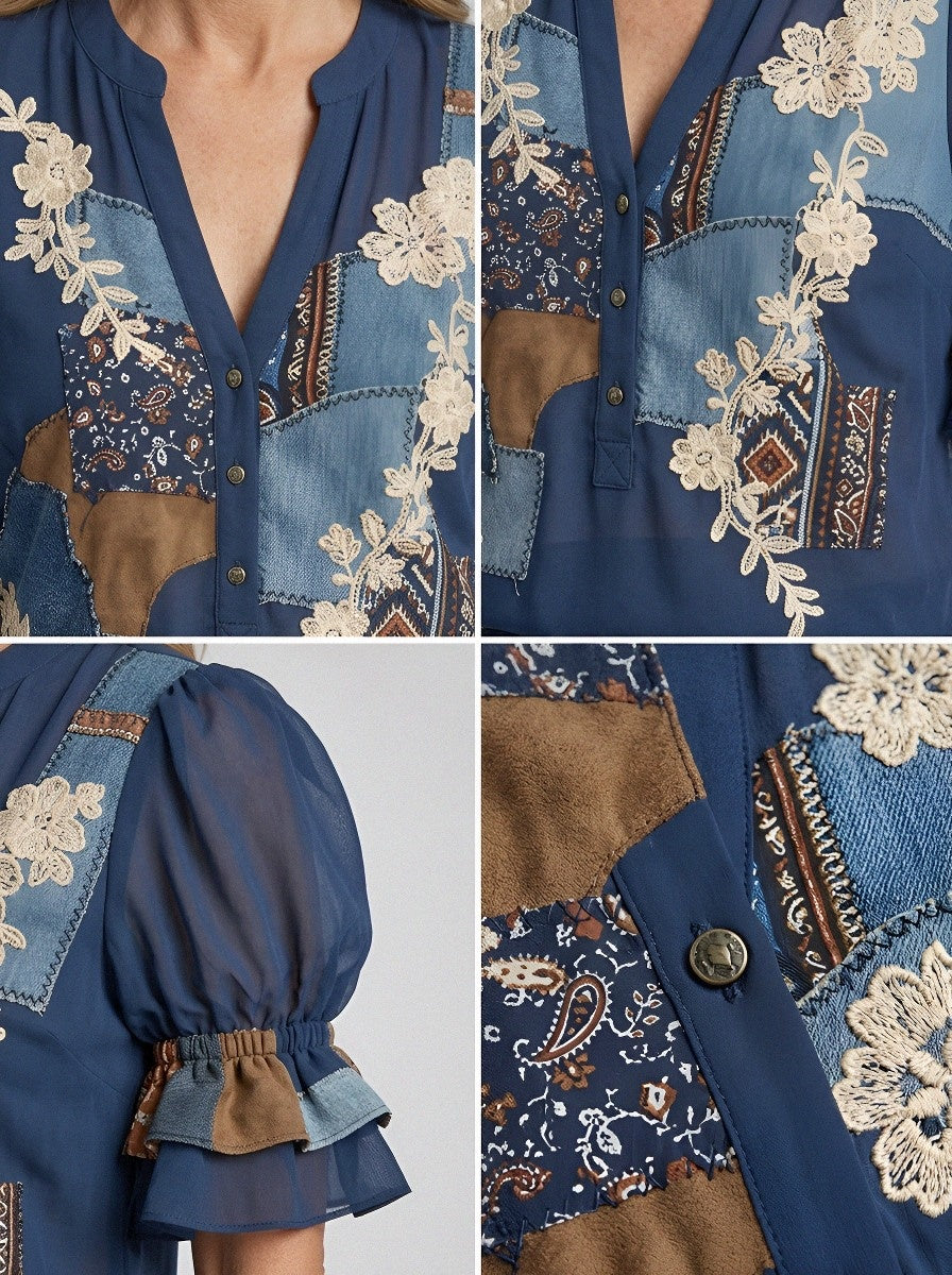 Women's Western Vintage Floral Patchwork Printed Top