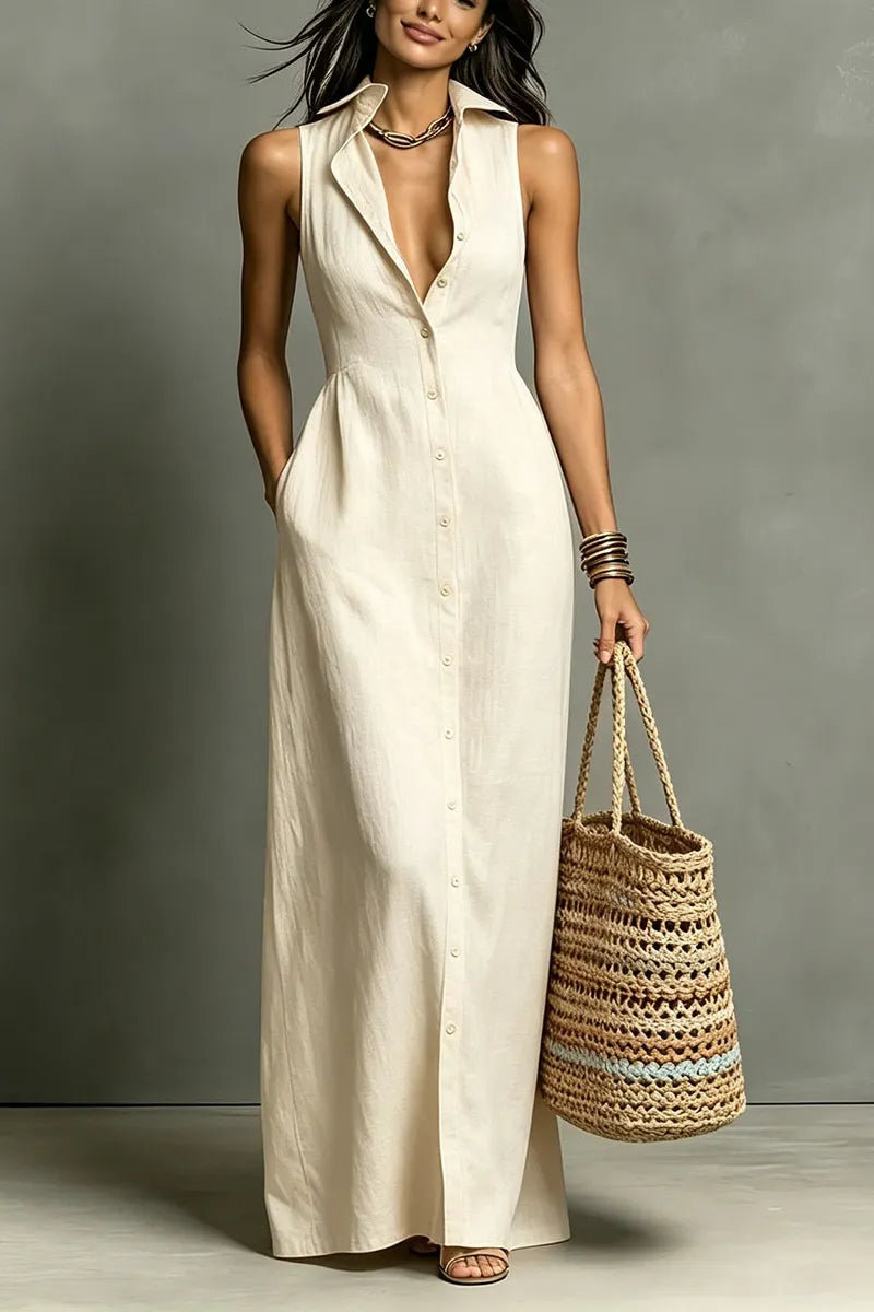 Women'S Minimalist Linen-Blend Collared Single-Breasted Sleeveless Maxi Shirt Dress
