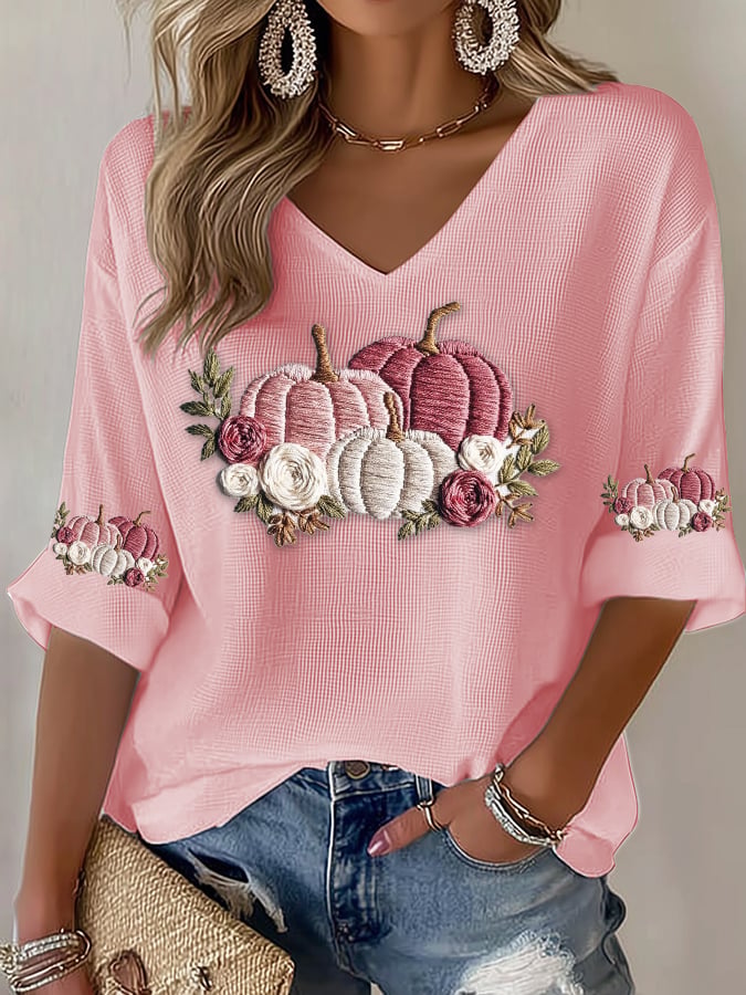 Women's Casual Pink Pumpkin Waffle T-Shirt
