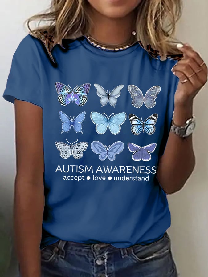 Women's Retro Autism Awareness Accept Love Understand Print T-Shirt