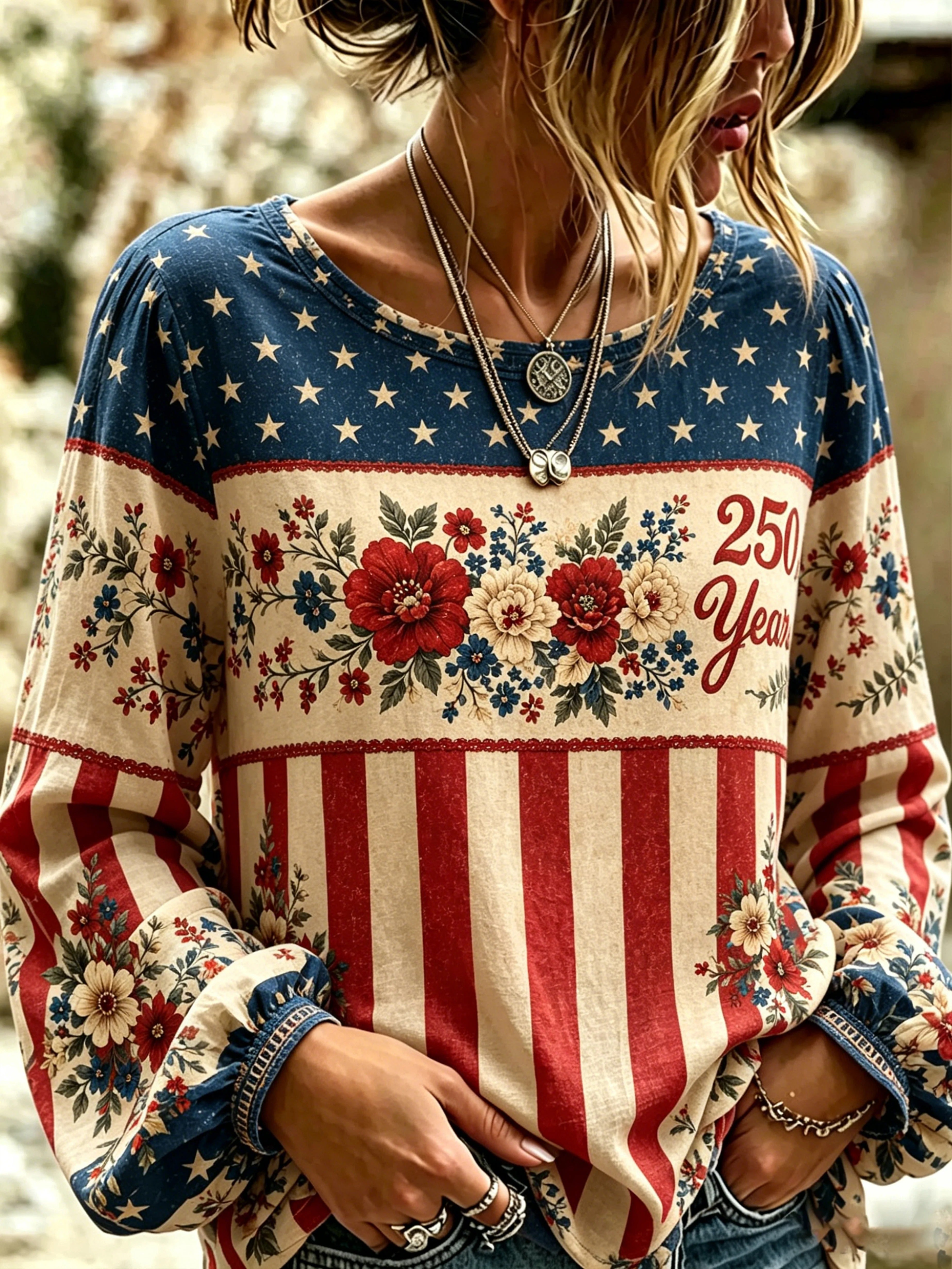 Women'S Casual American Independence Day Printed Cotton Linen Long Sleeved Shirt