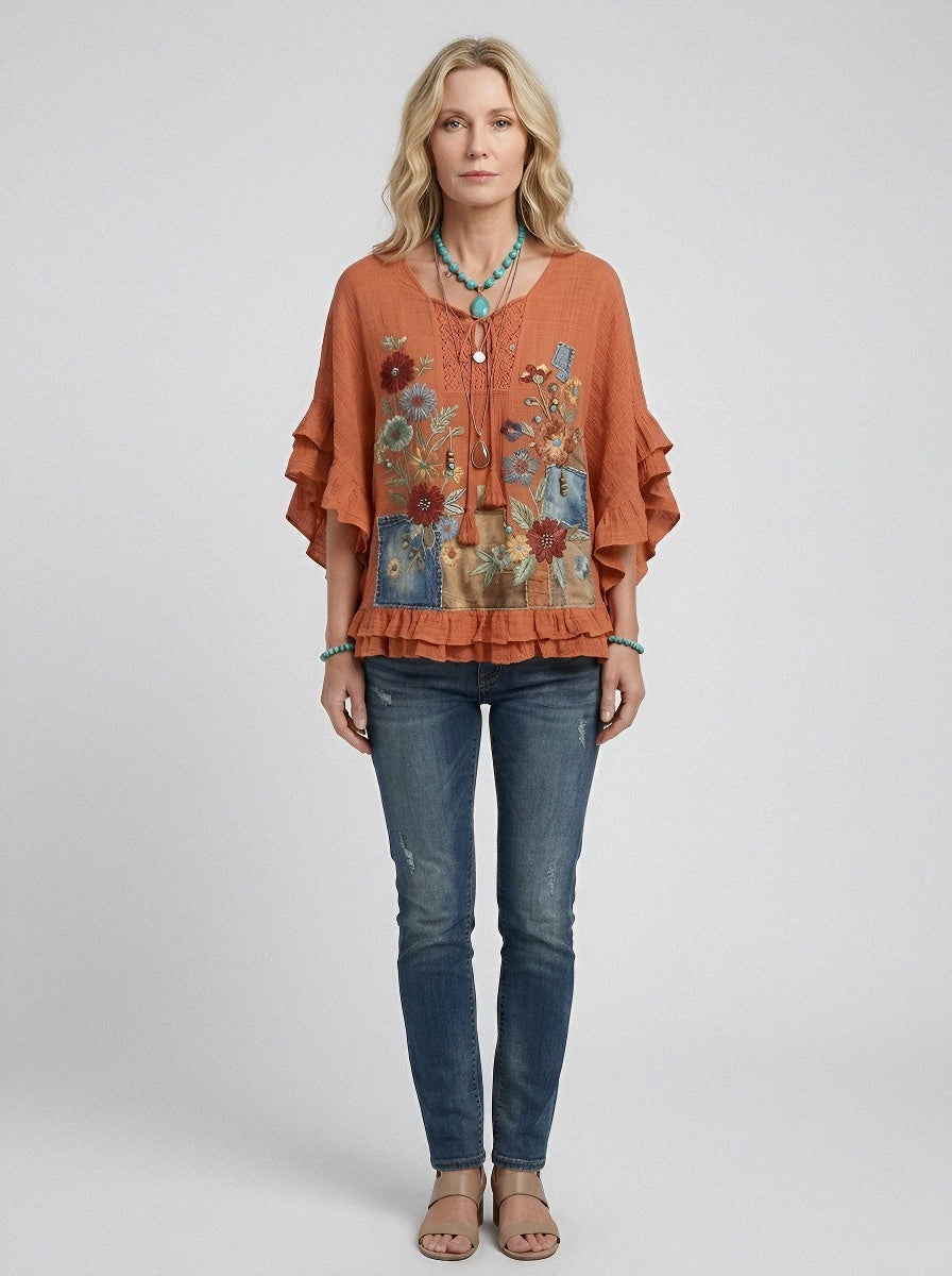 Women's Western Vintage Floral Denim Patchwork Printed Top