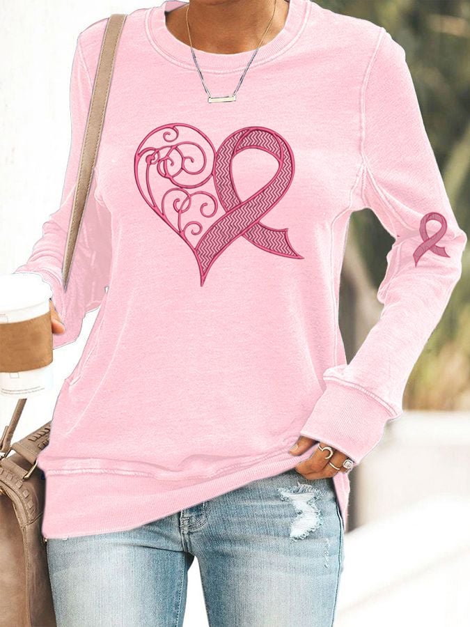 Women's Breast Cancer Awareness Heart Ribbon Print Sweatshirt