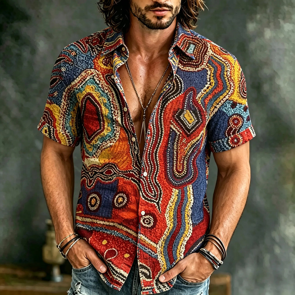 Men's Retro Color Block Printed Cotton Linen Short-sleeve Shirt