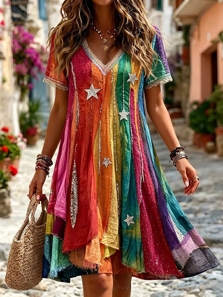 Women's Retro Hippie Sun And Moon Patchwork Pattern Art Mini Dress