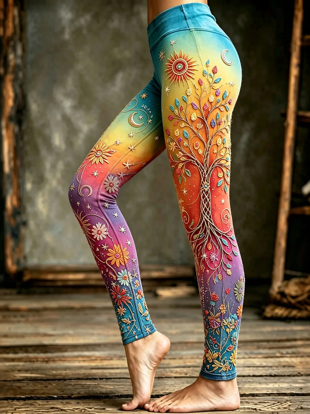 Women's Retro Hippie Sun Moon With Tree Of Life Color Gradient Art Comfortable Leggings