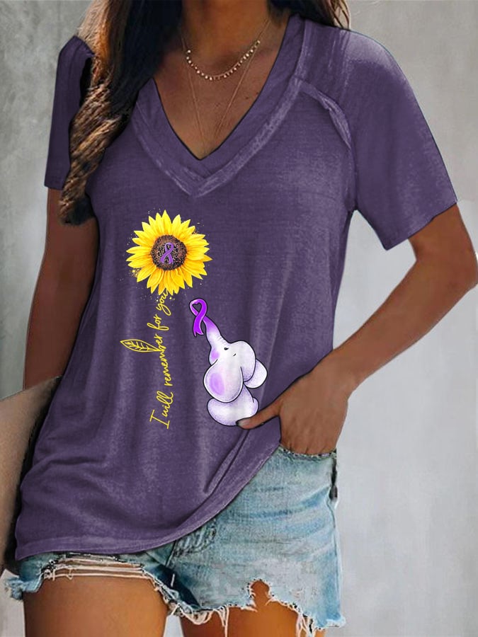 Women's Elephant I Will Remember For You Sunflower Alzheimer Print T-shirt