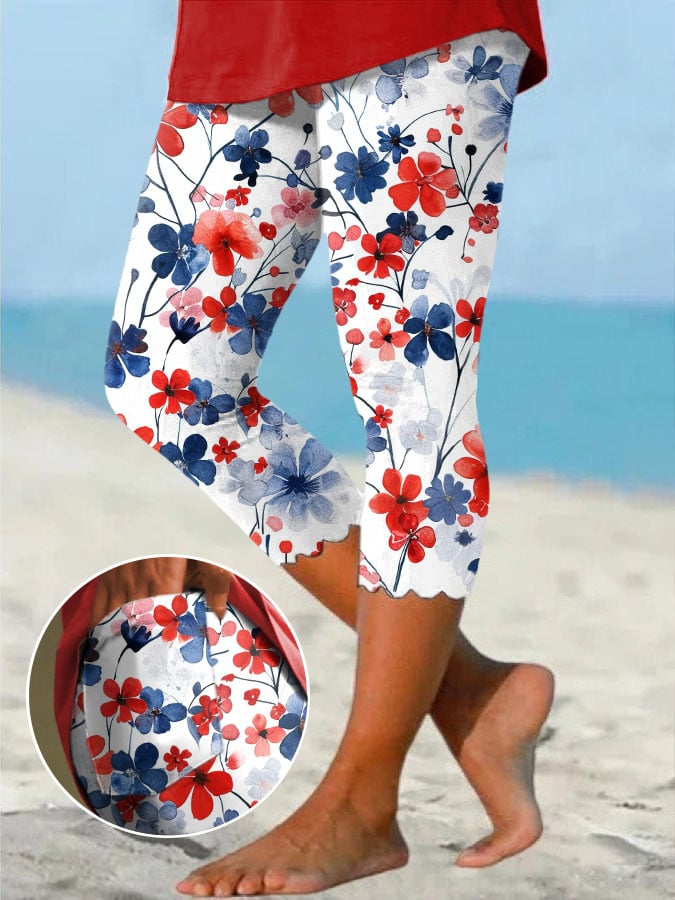 Women's Retro Floral Independence Day Print Casual Pocket Leggings