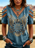 Women's Western Independence Day Eagle 250 Years Printed Cold Shoulder T-shirt