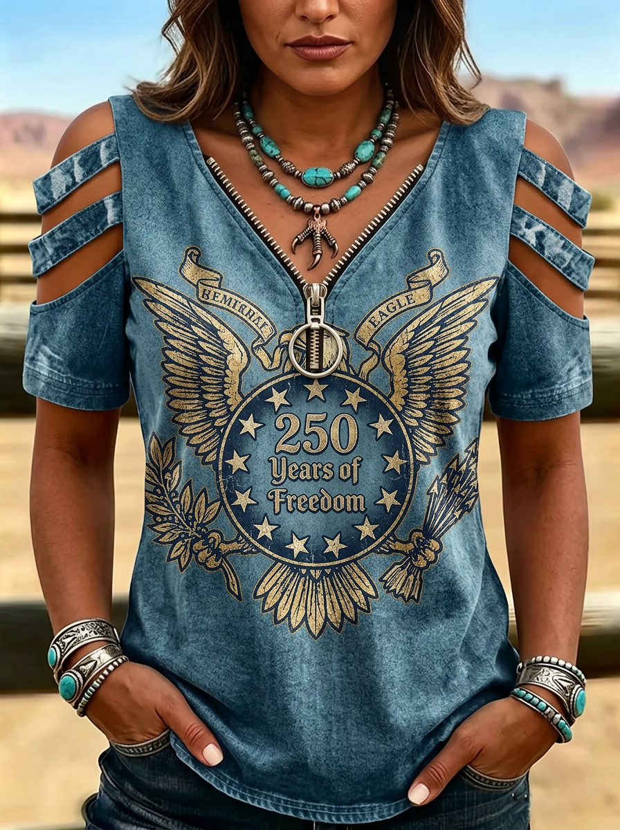 Women's Western Independence Day Eagle 250 Years Printed Cold Shoulder T-shirt