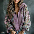 Women's Autumn And Winter Vintage Classy Purple Floral Art Flowy Linen Blend T-shirt