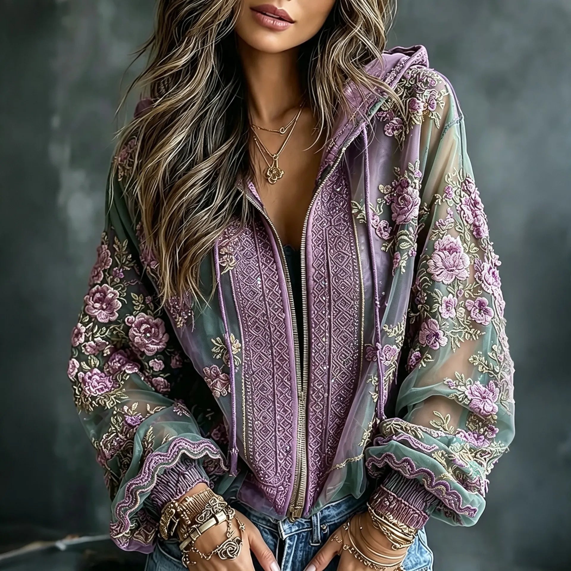 Women's Autumn And Winter Vintage Classy Purple Floral Art Flowy Linen Blend T-shirt