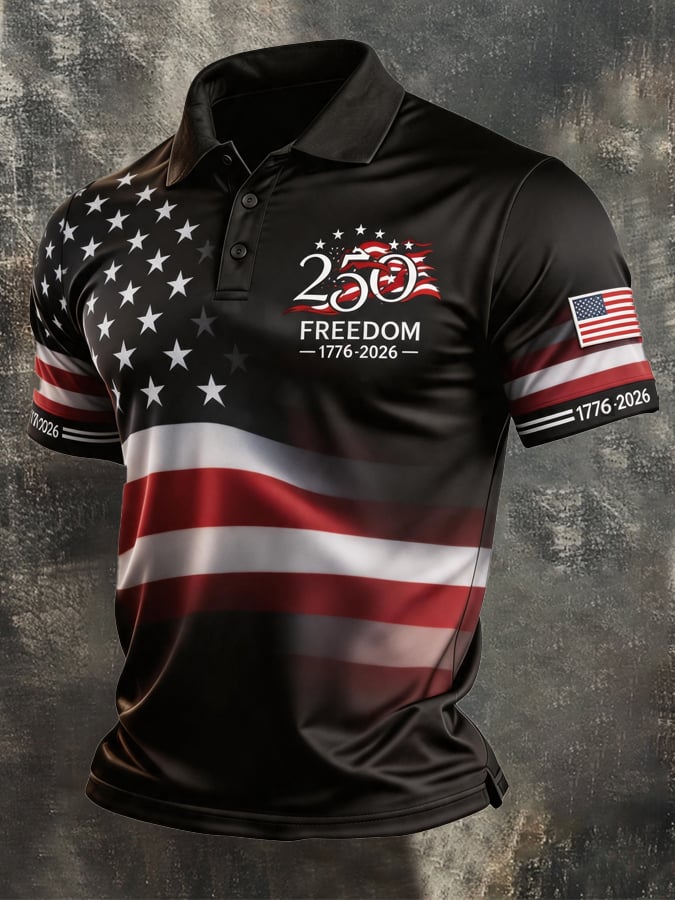 Men's Retro Patriotic Color-Block Short-Sleeve Polo Shirt