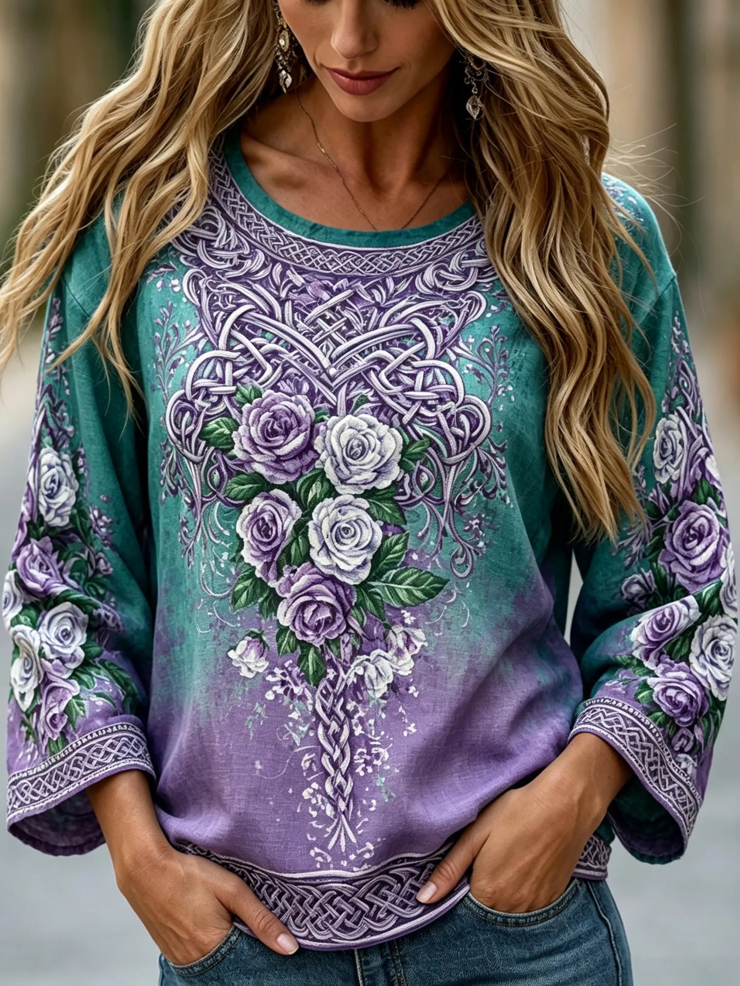 Women's Retro Celtic Knot Floral Gradient Pattern Casual  Shirt