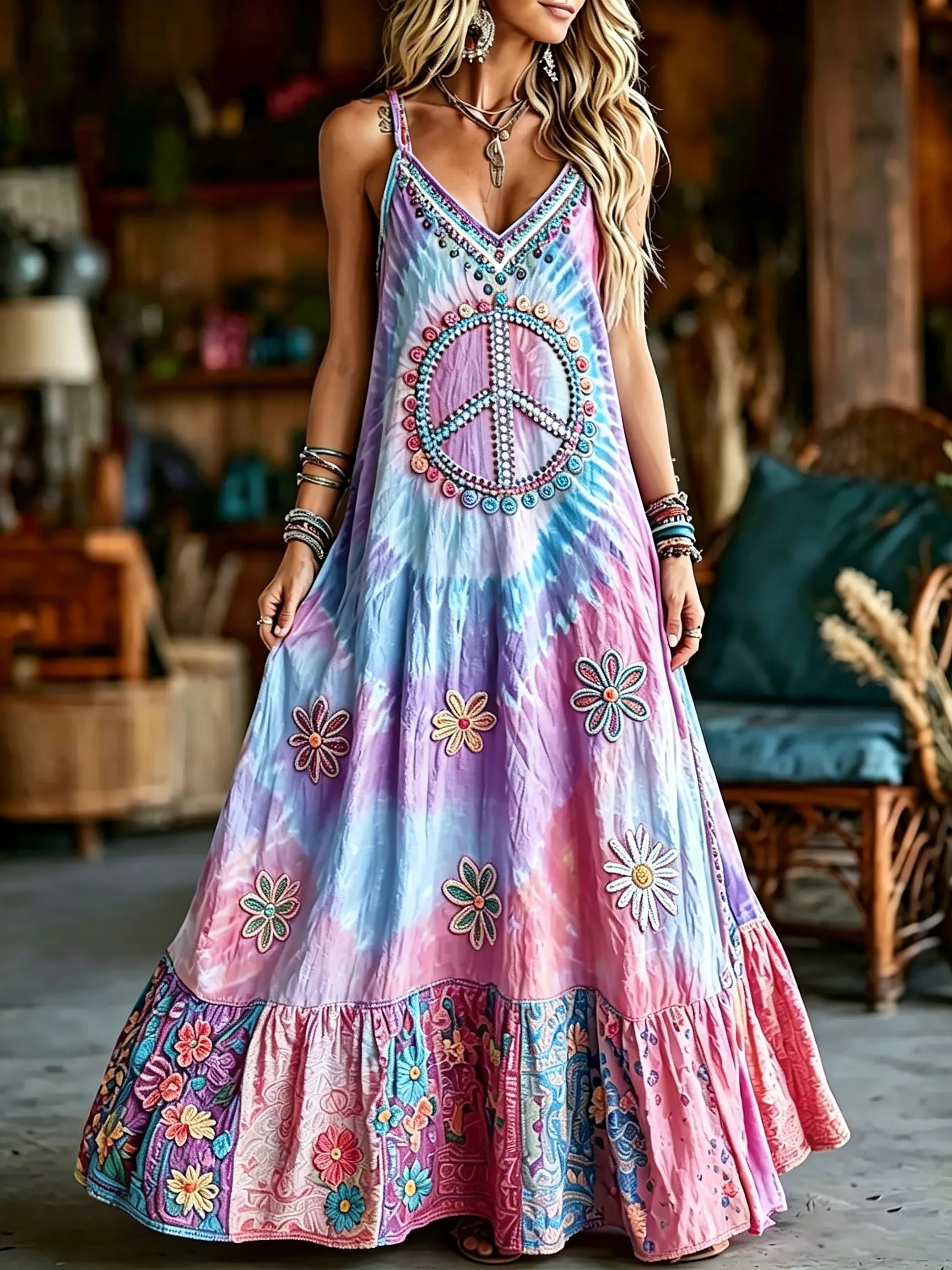 Women's Hippie Floral Peace Pattern Casual Sleeveless Dress