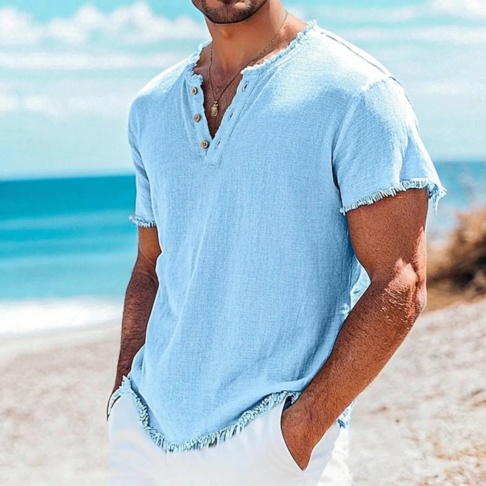 Men's Raw-Edge Cotton-Linen Henley Top