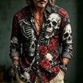 Men's Retro Vacation Rose Skull Print Long-sleeved Linen Shirt