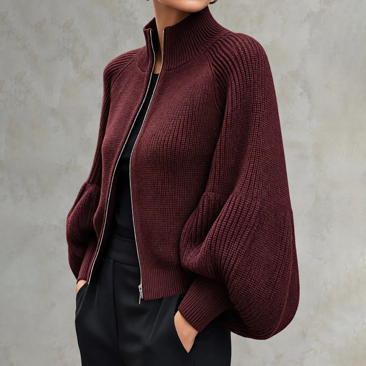 Elegant Cropped Zip-up Knit Cardigan With Lantern Sleeves